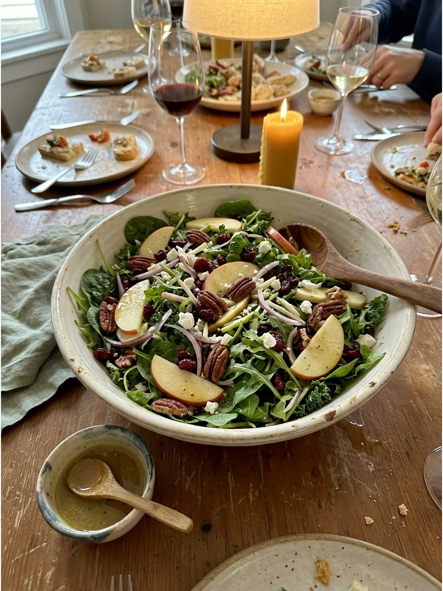 Apple Pecan Fall Salad. Combine mixed greens with crisp apples, pecans, dried cranberries, red onion, and feta. Serve it with maple Dijon vinaigrette. Friendsgiving food ideas