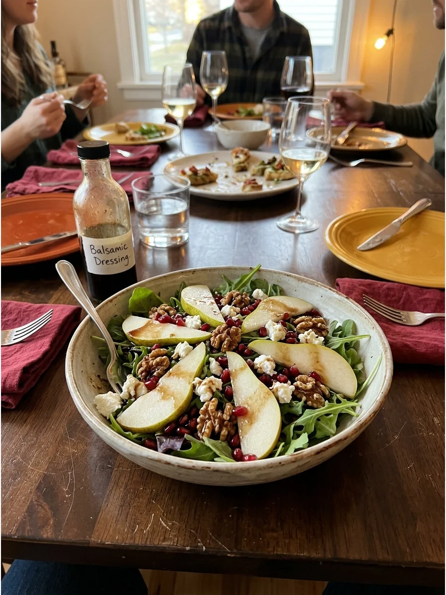 Pear and Goat Cheese Salad. Top greens with sliced pears, goat cheese, walnuts, and pomegranate seeds. A balsamic dressing brings all the flavors together. Friendsgiving food ideas