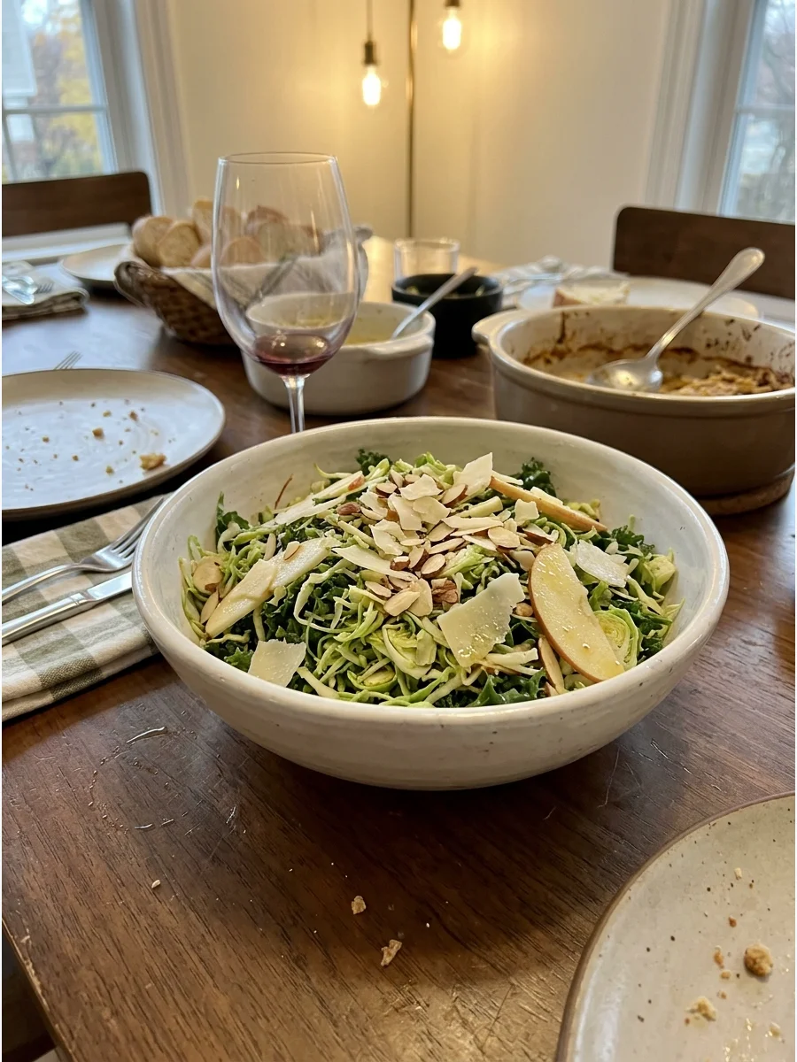 Brussels Sprouts and Kale Salad. Shred raw Brussels sprouts and kale, then toss them with apples, Parmesan, almonds, and lemon dressing. Preparing it early gives the greens time to