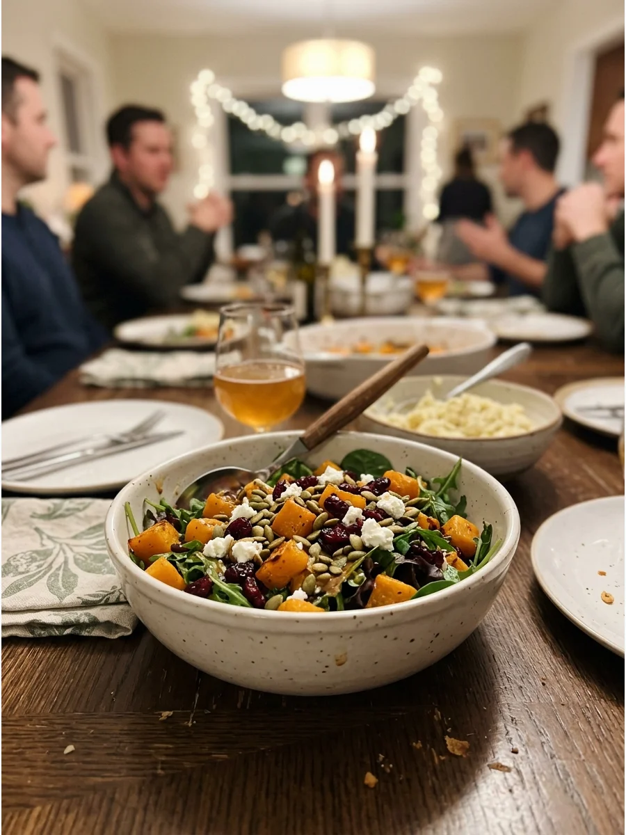 Roasted Butternut Squash Salad. Serve roasted butternut squash over greens with cranberries, pumpkin seeds, goat cheese, and maple dressing. It works well warm or at room temperatu