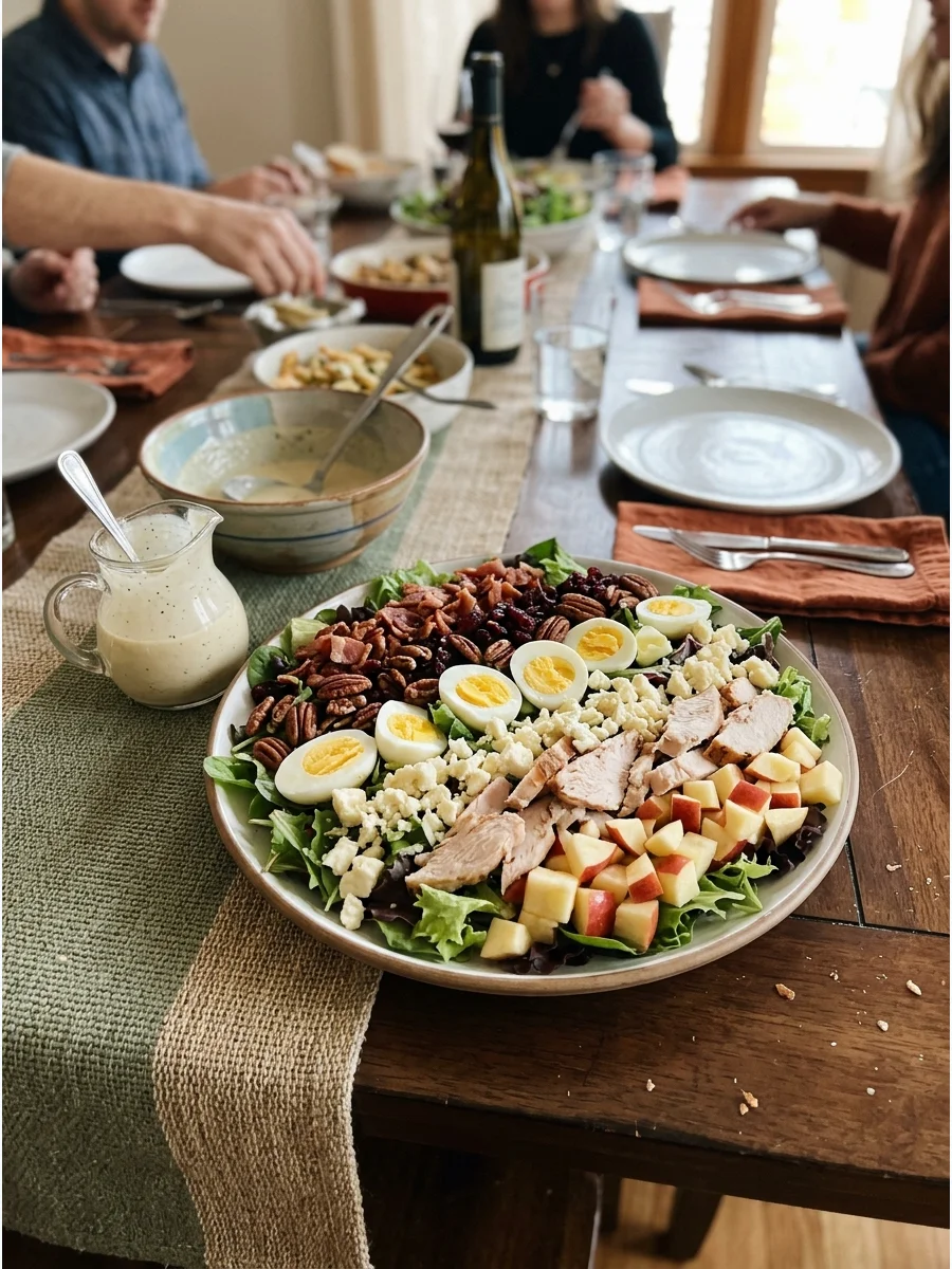 Harvest Cobb Salad. Arrange turkey, apples, hard-boiled eggs, cheese, pecans, cranberries, and greens in colorful rows. Serve the dressing separately so guests can build their own