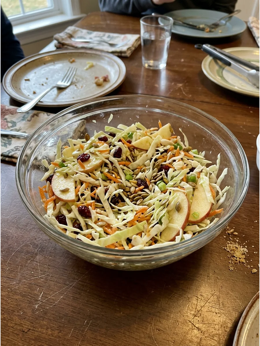 Thanksgiving Slaw. Combine shredded cabbage with apples, carrots, cranberries, green onions, and pumpkin seeds. Use a light apple cider dressing instead of heavy mayonnaise. Friend