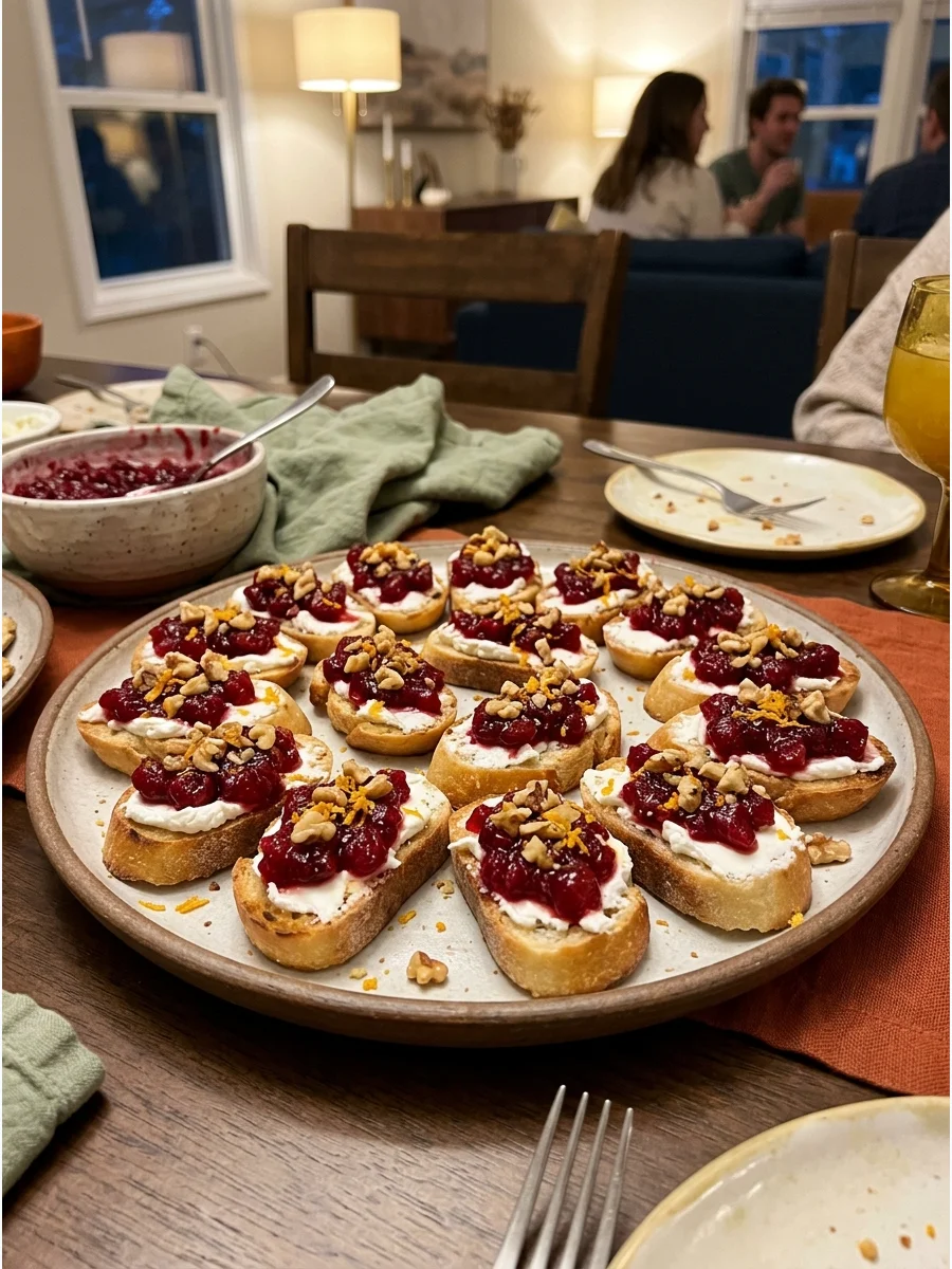 Cranberry Goat Cheese Crostini. Spread goat cheese over toasted bread and add cranberry sauce, orange zest, and chopped walnuts. This appetizer looks elegant but requires very litt