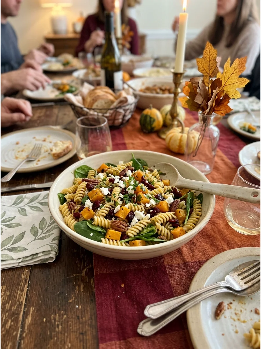 Autumn Pasta Salad. Toss pasta with roasted squash, spinach, cranberries, feta, pecans, and maple Dijon dressing. Serve it chilled or at room temperature. Friendsgiving food ideas