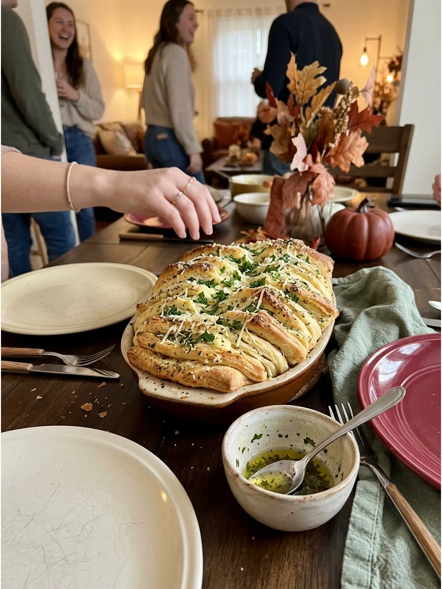 Garlic Herb Pull-Apart Bread. Layer pieces of dough with garlic butter, parsley, and Parmesan. Guests can pull off individual sections without needing to slice the loaf. Friendsgiv