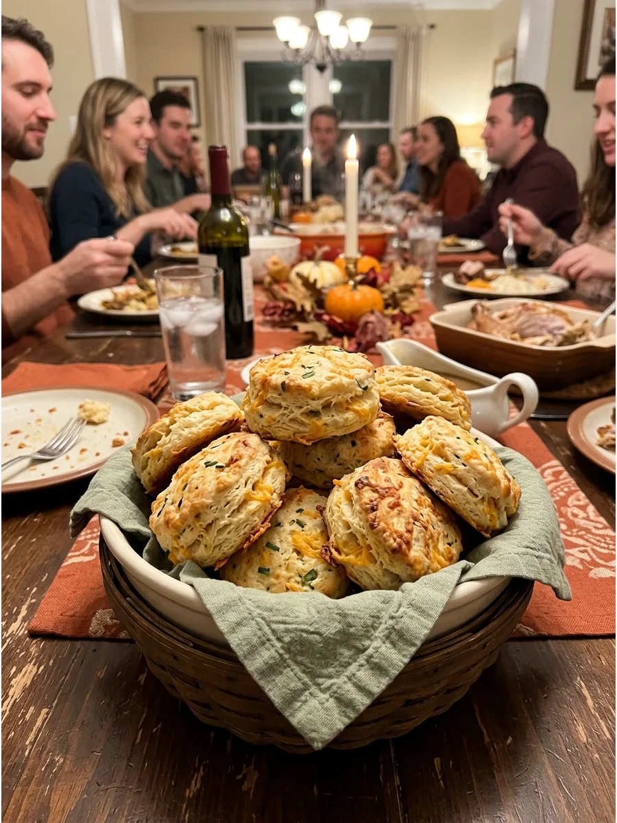 Cheddar Chive Biscuits. Bake flaky biscuits filled with cheddar cheese and fresh chives. They pair especially well with turkey, ham, and gravy. Friendsgiving food ideas