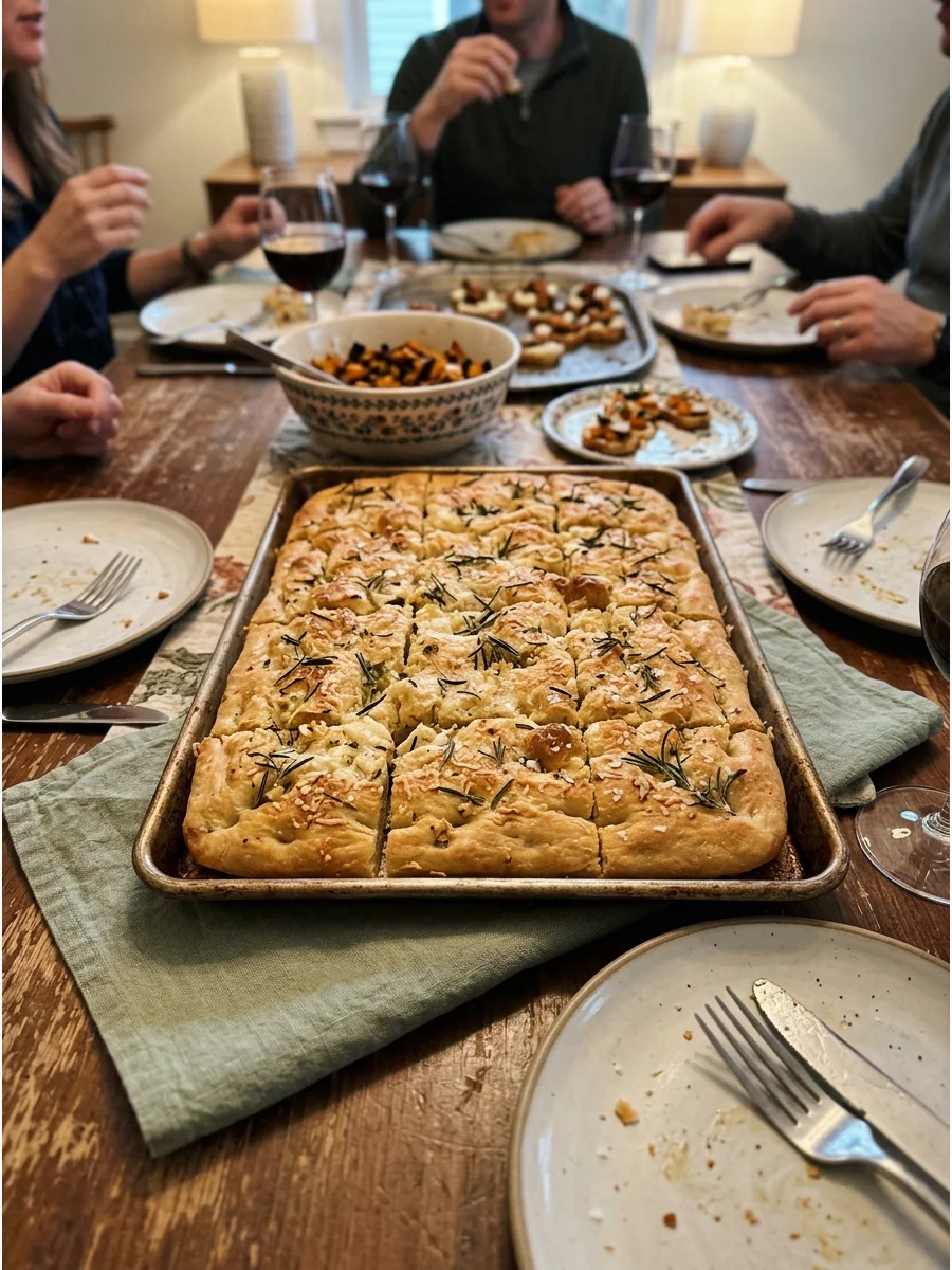 Rosemary Parmesan Focaccia. Bake a large focaccia topped with rosemary, Parmesan, garlic, and flaky salt. Cut it into squares for easy potluck serving. Friendsgiving Dessert Ideas
