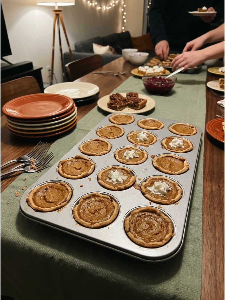 Mini Pumpkin Pies. Bake individual pumpkin pies in a muffin pan. Their small size makes them easy to serve at a crowded dessert table. Friendsgiving food ideas