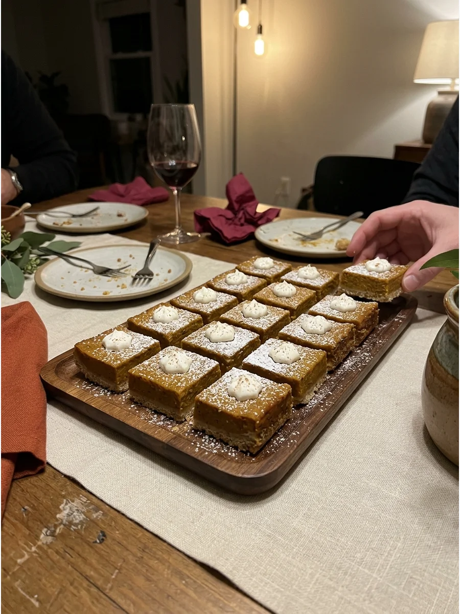 Pumpkin Pie Bars. Layer pumpkin filling over a shortbread or graham cracker crust. Cut the chilled dessert into small squares for simple serving. Friendsgiving food ideas