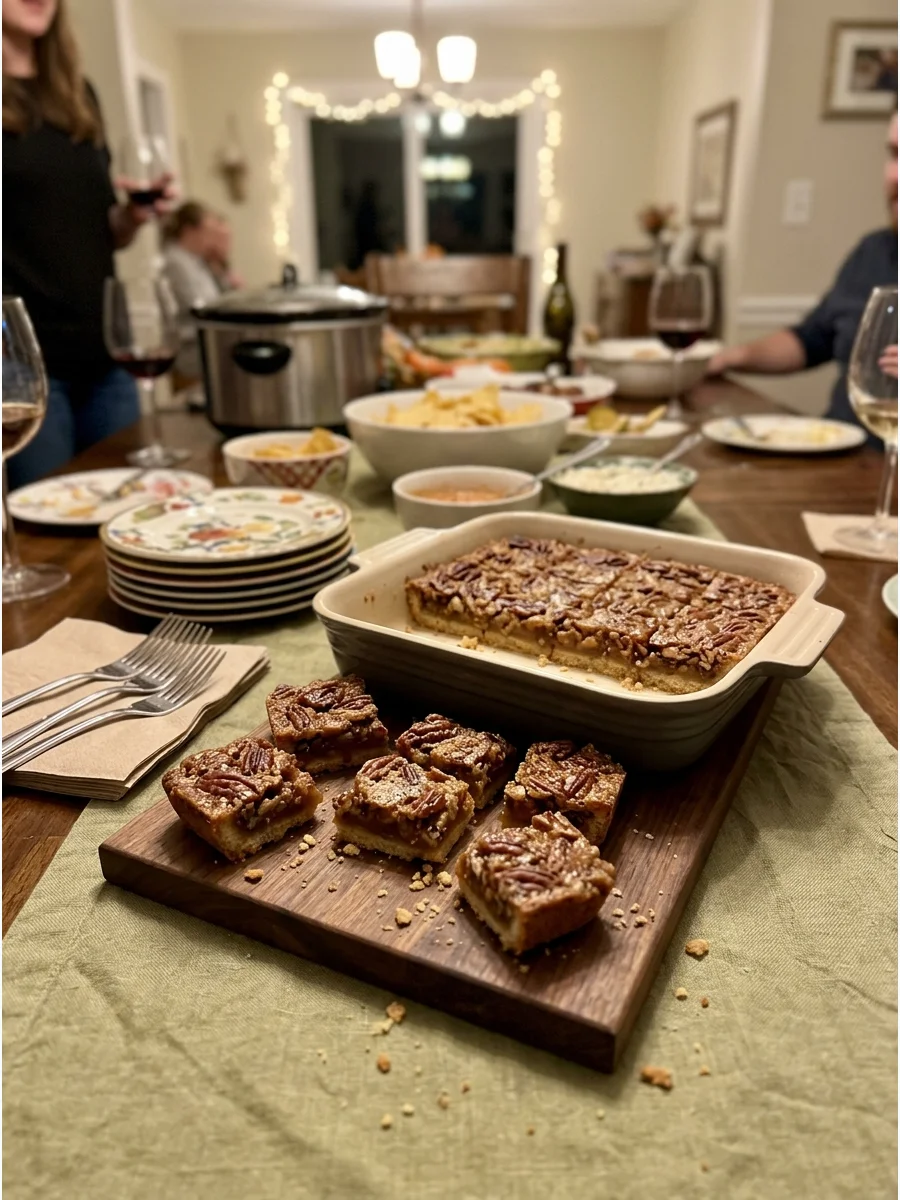 Pecan Pie Bars. Bake gooey pecan filling over a buttery shortbread base. These bars provide classic pecan pie flavor without requiring plates and forks. Friendsgiving food ideas