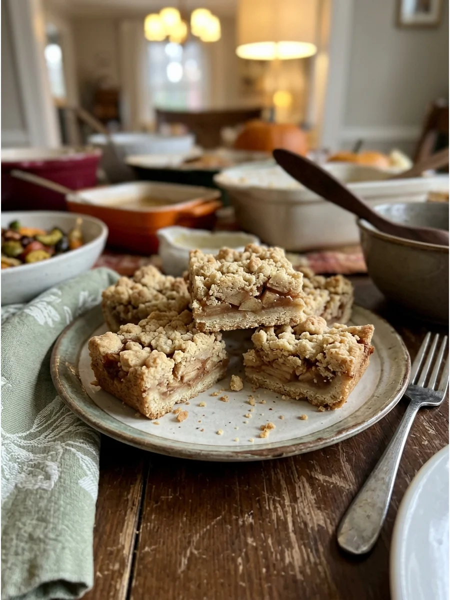 Apple Crumble Bars. Layer cinnamon apples between a shortbread base and a buttery crumb topping. They are easier to transport than a full apple pie. Friendsgiving food ideas