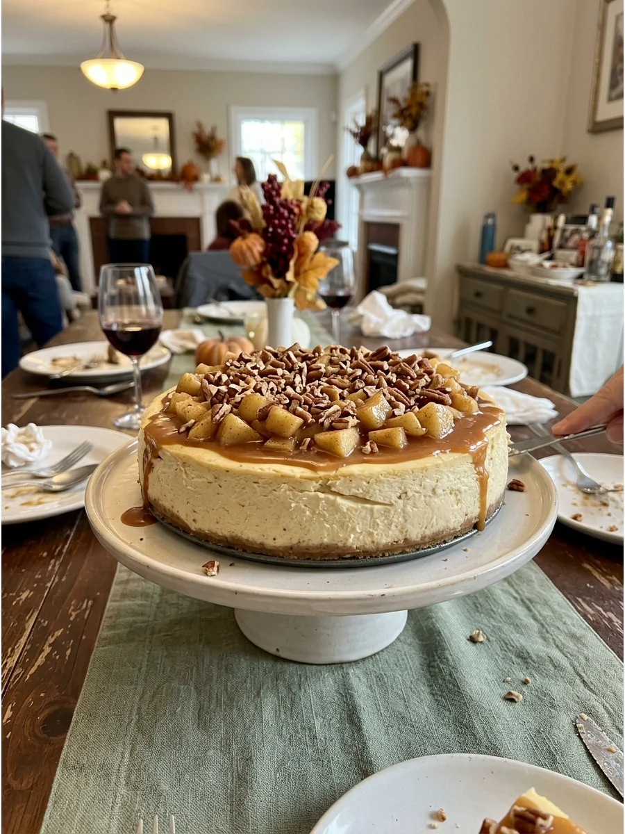 Caramel Apple Cheesecake. Top creamy cheesecake with spiced apples, caramel sauce, and chopped pecans. Prepare it the day before so it has enough time to chill. Friendsgiving food