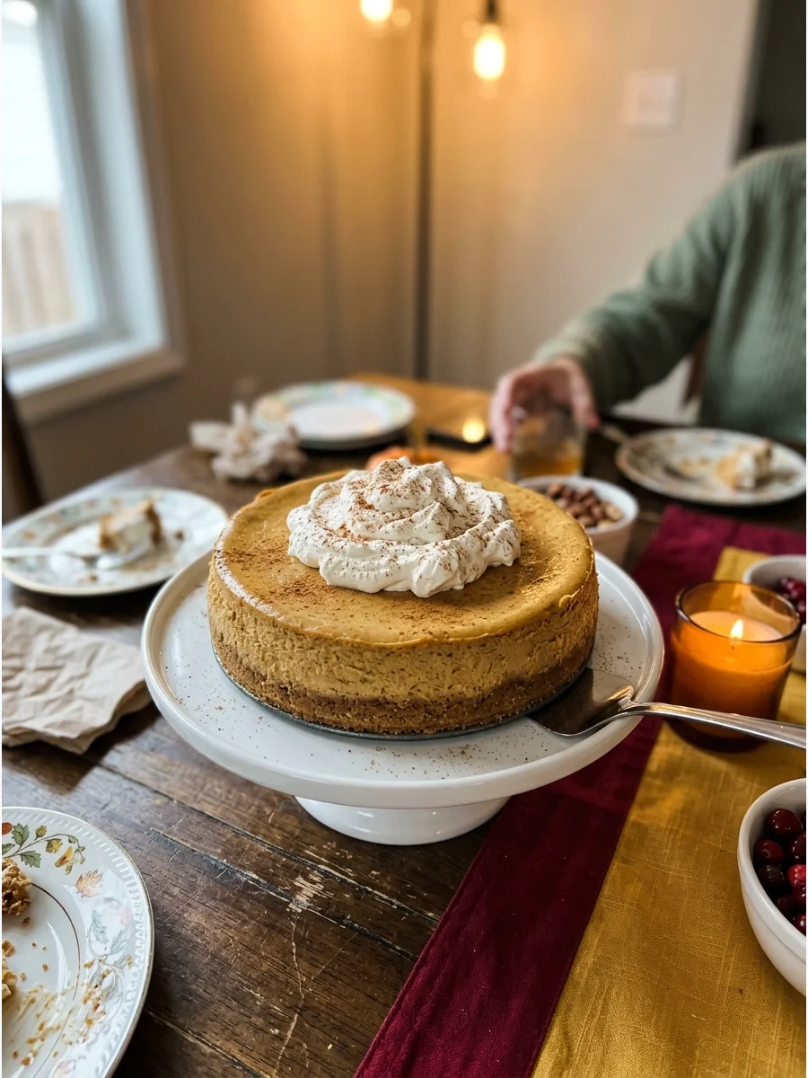 Pumpkin Cheesecake. Combine pumpkin puree, cream cheese, cinnamon, and nutmeg in a graham cracker crust. Top the chilled cheesecake with whipped cream. Friendsgiving food ideas