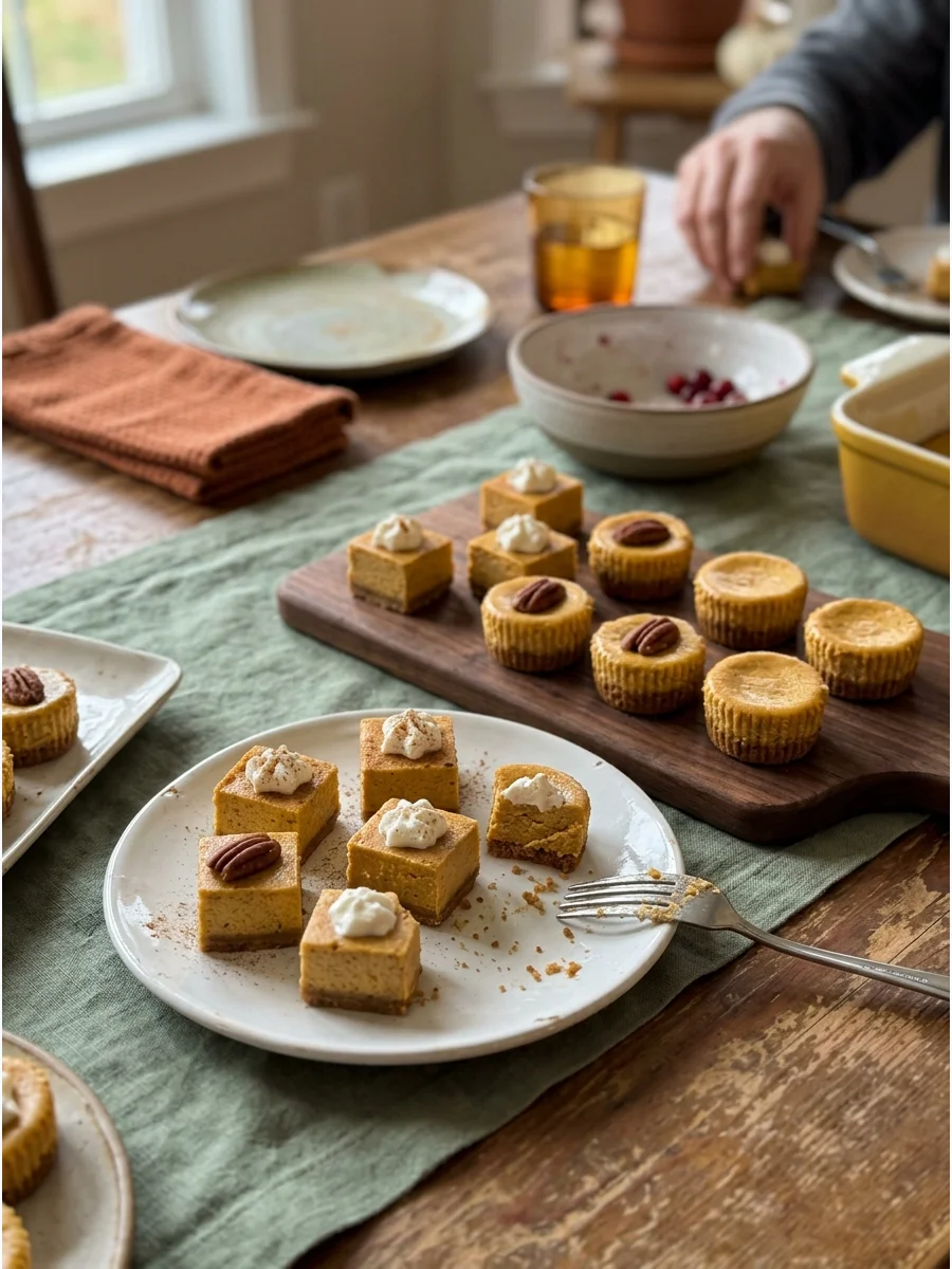 Pumpkin Cheesecake Bites. Prepare small pumpkin cheesecake squares or miniature cheesecakes. They are ideal for guests who want to sample several desserts. Friendsgiving food ideas