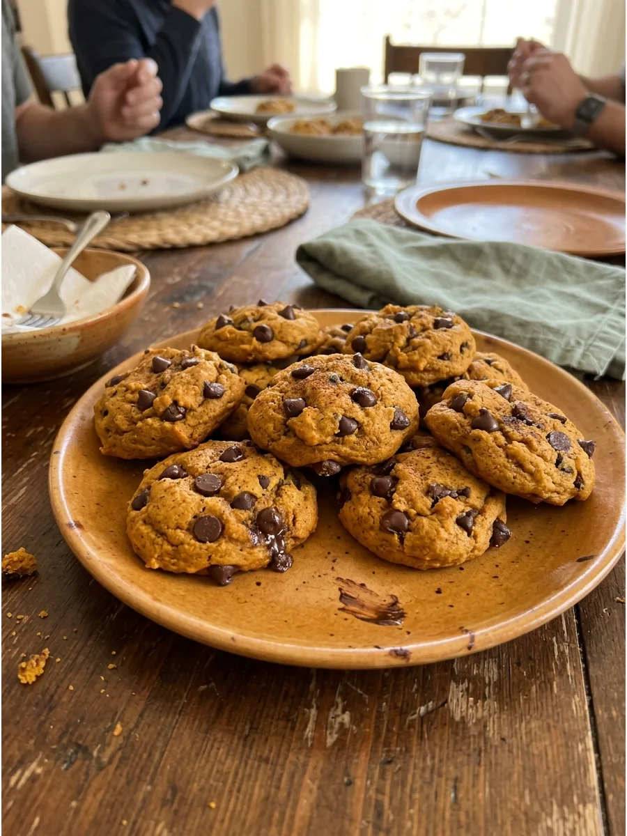 Pumpkin Chocolate Chip Cookies. Bake soft pumpkin cookies filled with chocolate chips and fall spices. These can be made ahead and stored until the party. Friendsgiving food ideas