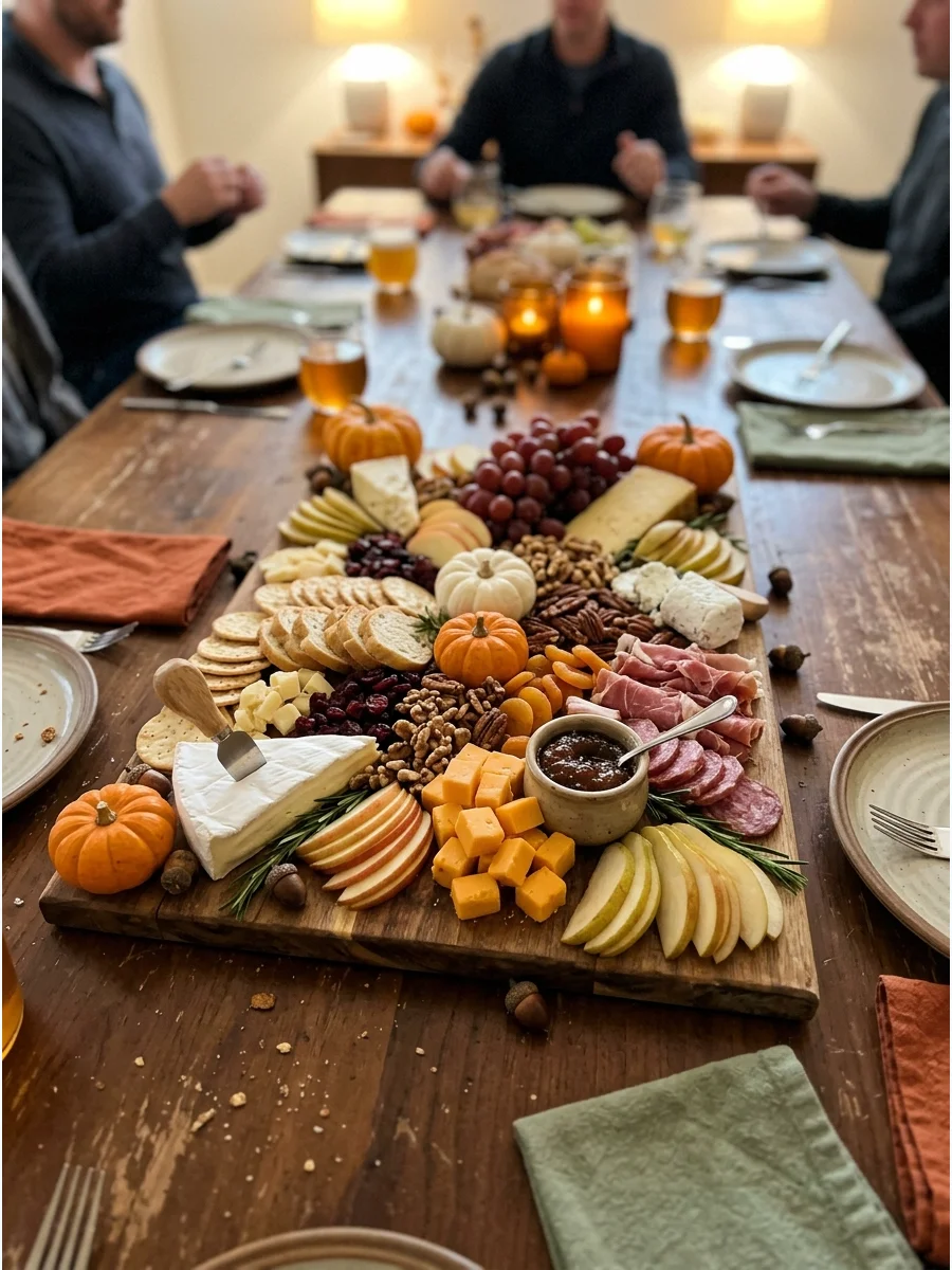 Fall Harvest Charcuterie Board. Arrange cheeses, crackers, sliced apples, pears, grapes, nuts, dried fruit, and seasonal preserves on a large board. Add small pumpkins or rosemary