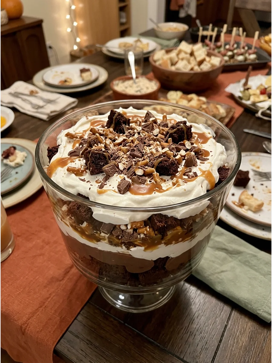 Brownie Trifle. Layer brownie pieces with chocolate pudding and whipped topping in a large glass bowl. Add caramel, chopped chocolate, or crushed pretzels between the layers. Frien