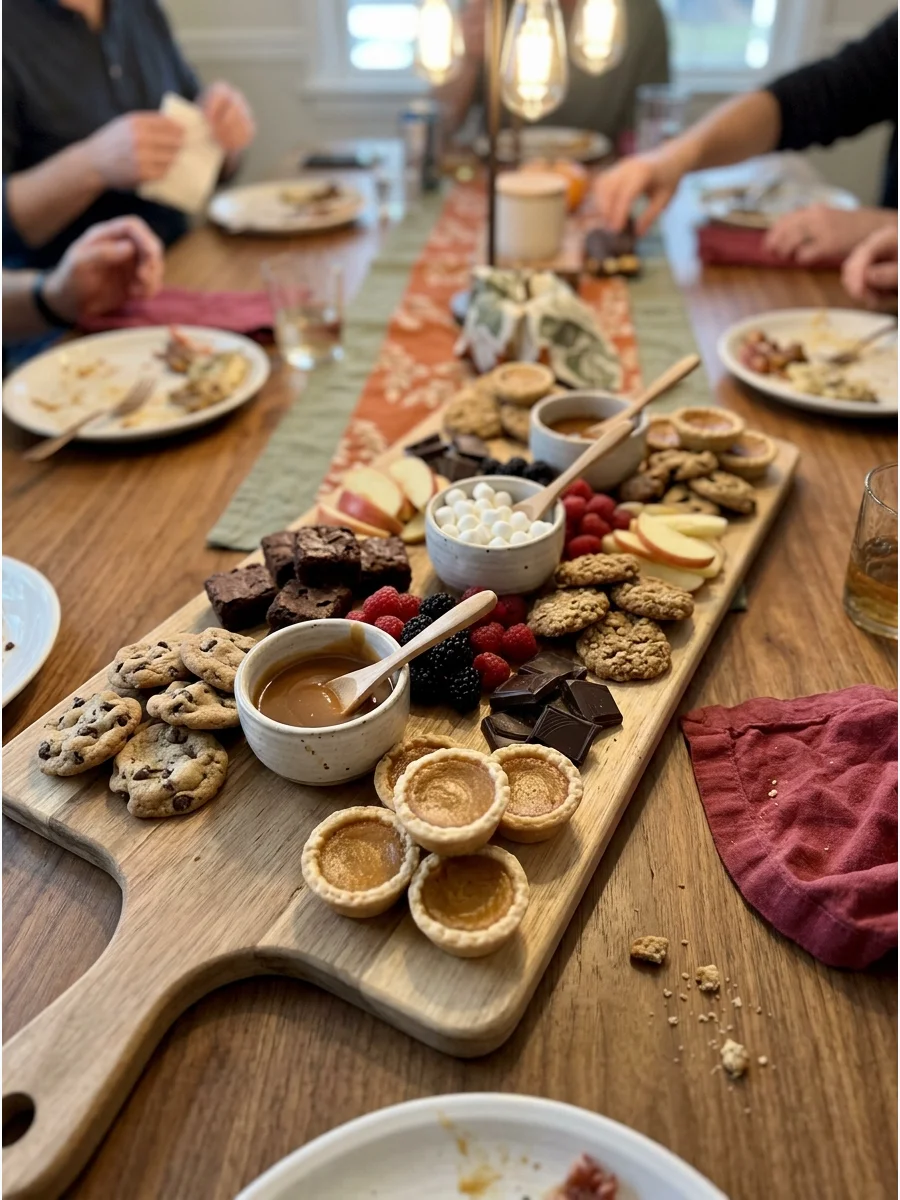 Friendsgiving Dessert Board. Arrange cookies, brownies, miniature pies, chocolate, fruit, caramel dip, and marshmallows on a large board. This allows guests to sample several treat