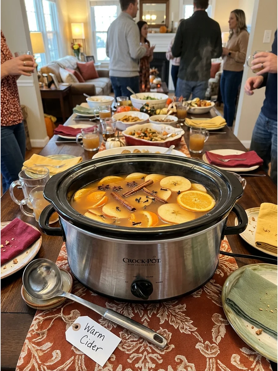 Slow Cooker Apple Cider. Warm apple cider with cinnamon sticks, oranges, cloves, and star anise in a slow cooker. Guests can serve themselves throughout the party. Friendsgiving fo