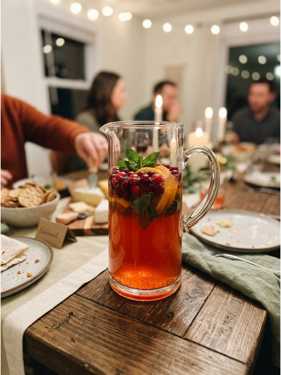 Cranberry Orange Sparkling Punch. Combine cranberry juice, orange juice, sparkling water, and fresh fruit. Serve it in a clear pitcher with cranberries and orange slices. Friendsgi