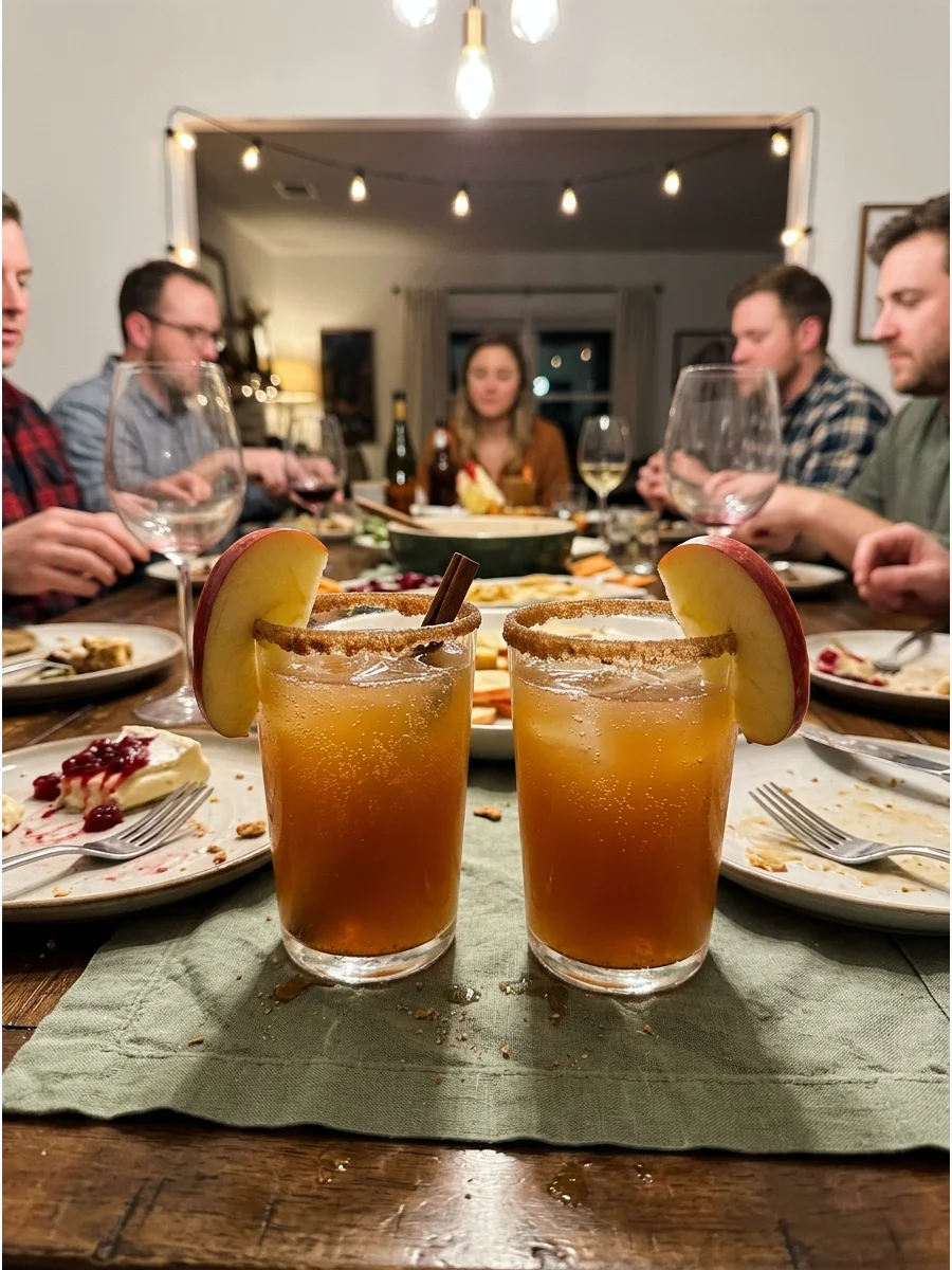 Caramel Apple Mocktail. Mix chilled apple cider with sparkling water and a little caramel syrup. Garnish each glass with an apple slice and cinnamon-sugar rim. Friendsgiving food i