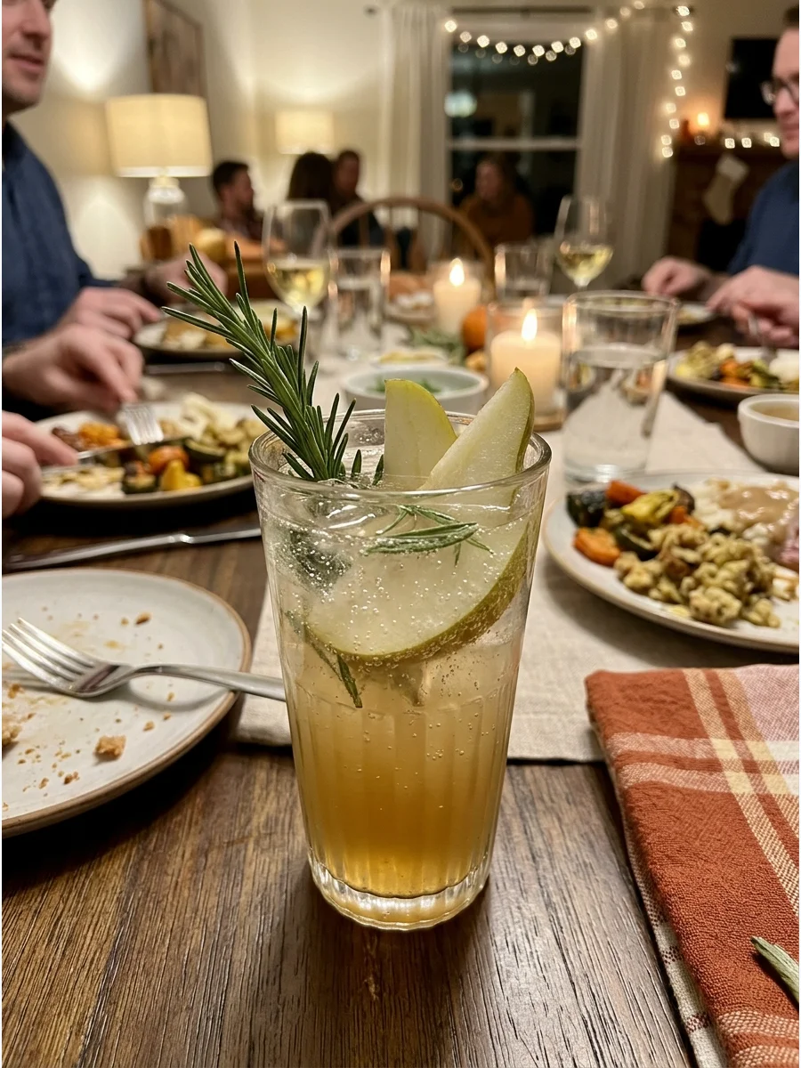 Pear Ginger Fizz. Combine pear nectar, ginger ale, lemon juice, and sparkling water. Fresh pear slices and rosemary make the drink look festive. Friendsgiving food ideas