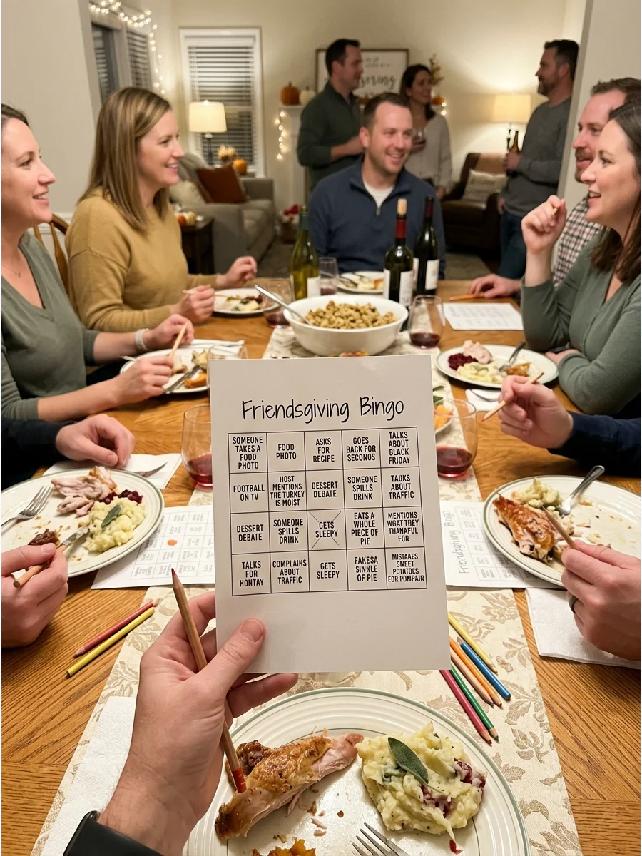 Friendsgiving Bingo. Create bingo cards featuring common Friendsgiving moments, such as someone taking a food photo, asking for a recipe, or going back for seconds. The first guest