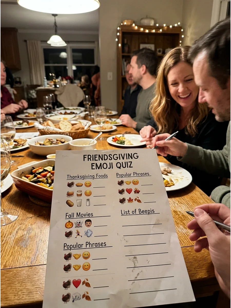 Friendsgiving Emoji Quiz. Write Thanksgiving foods, fall movies, and popular phrases using only emojis. Guests must figure out what each emoji combination represents. Friendsgiving