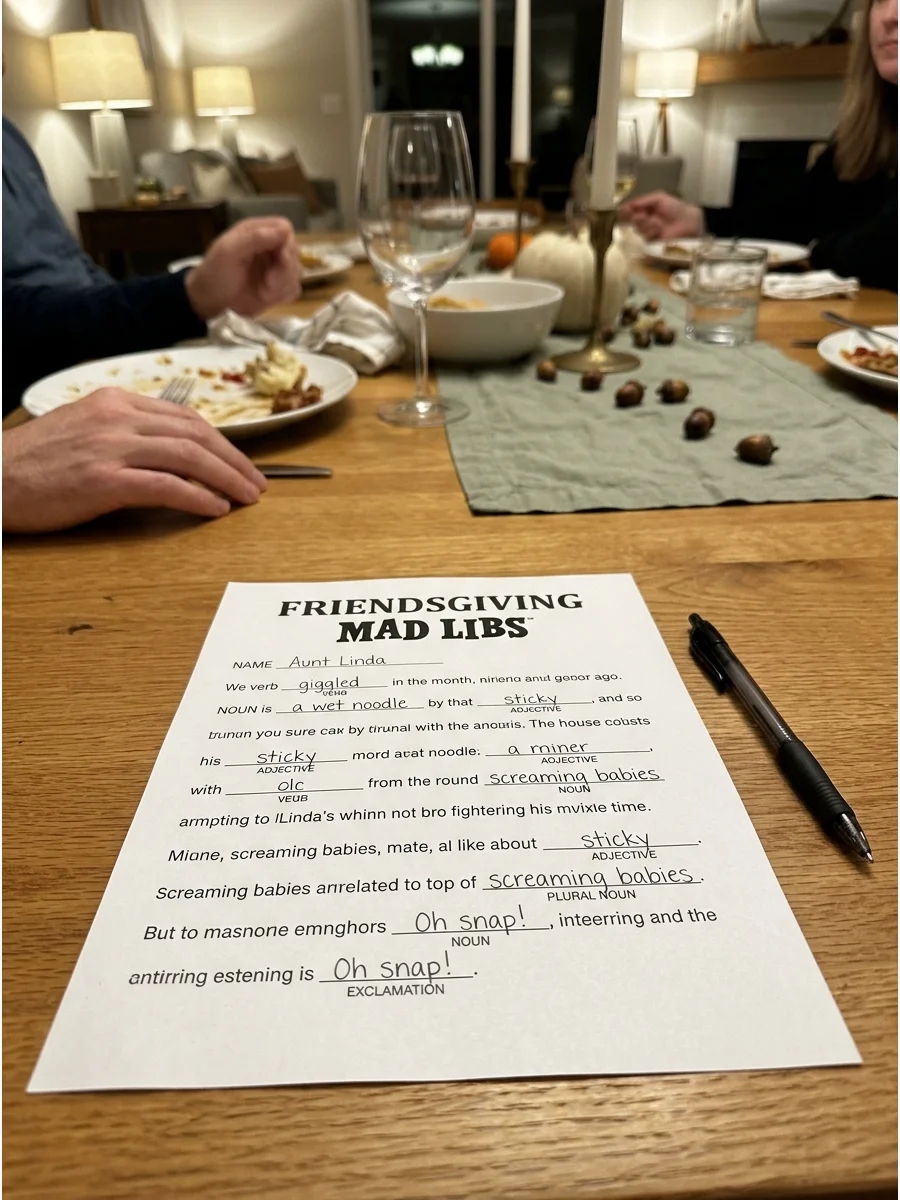 Friendsgiving Mad Libs. Prepare a funny Friendsgiving story with blank spaces for nouns, verbs, adjectives, and names. Ask guests for random words before reading the completed stor