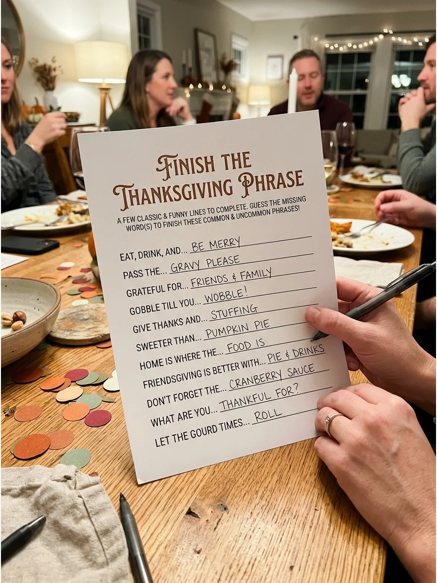 Finish the Thanksgiving Phrase. Begin familiar seasonal phrases and ask guests to complete them. Include traditional sayings, food-related expressions, and funny Friendsgiving sent