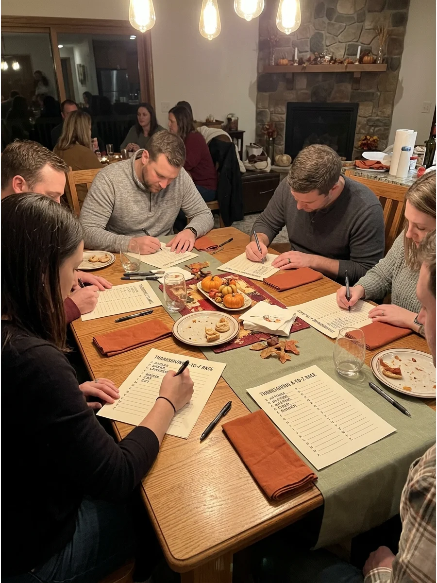 Thanksgiving A-to-Z Race. Give each guest a page containing every letter of the alphabet. Players must write one Thanksgiving or fall-related word beginning with each letter. Frien