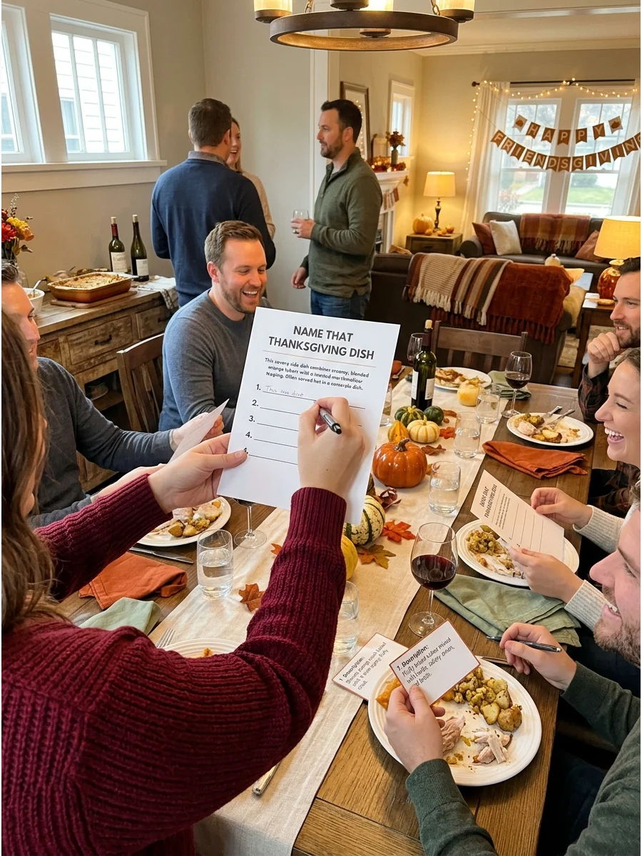 Name That Thanksgiving Dish. Describe a Thanksgiving dish without saying its name or most obvious ingredients. The first person to identify the dish earns a point. Friendsgiving Ga