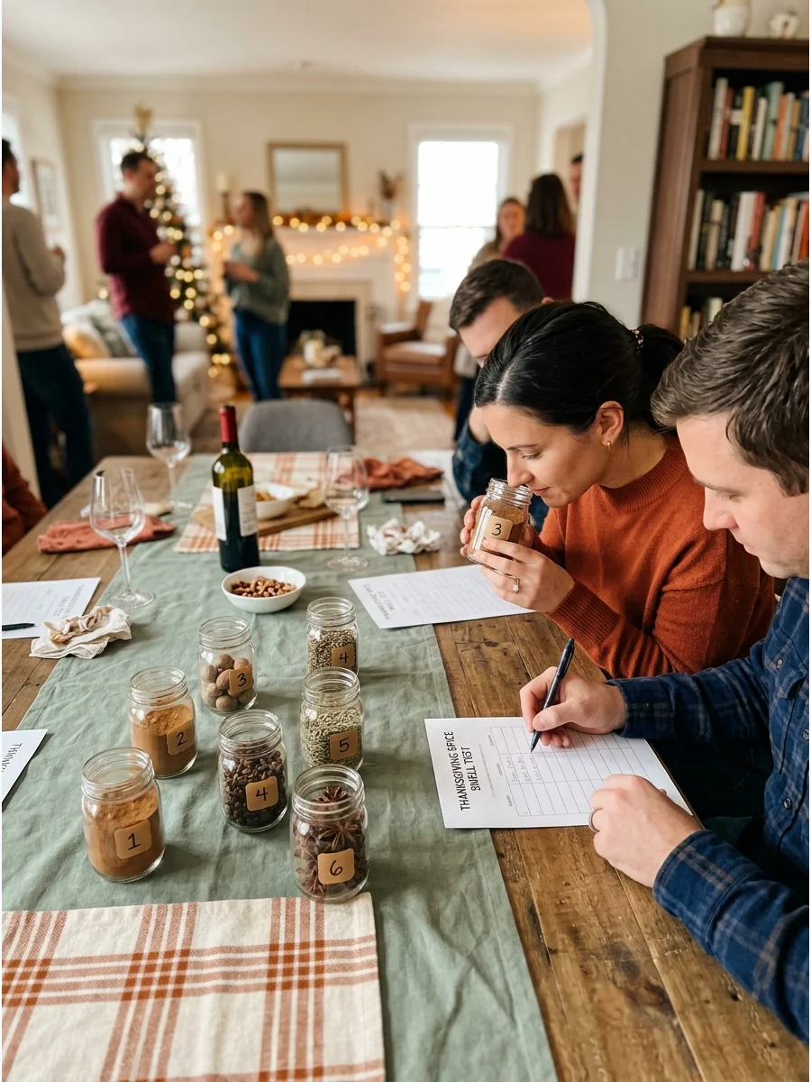Thanksgiving Spice Smell Test. Place cinnamon, nutmeg, cloves, sage, rosemary, and other seasonal spices in numbered containers. Guests smell each container and write down their gu
