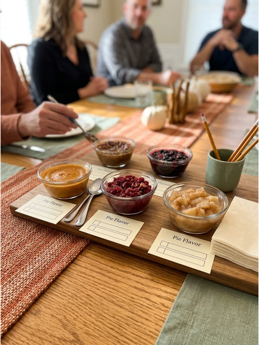 Pie Flavor Taste Test. Offer small bites of several pies and ask guests to identify each flavor. Use familiar options and a few unusual choices to make the challenge more difficult