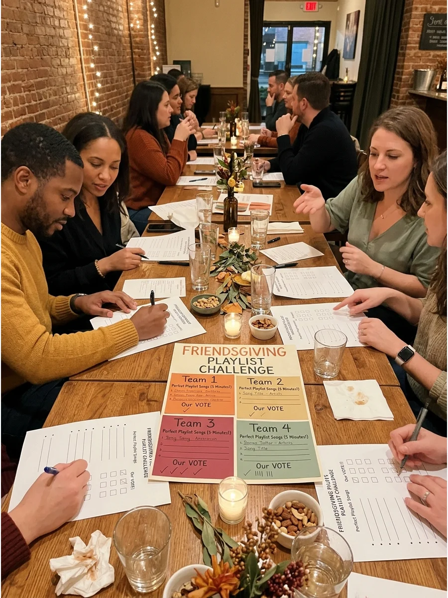 Friendsgiving Playlist Challenge. Divide guests into teams and give them five minutes to create the perfect Friendsgiving playlist. Everyone votes for the playlist they would most