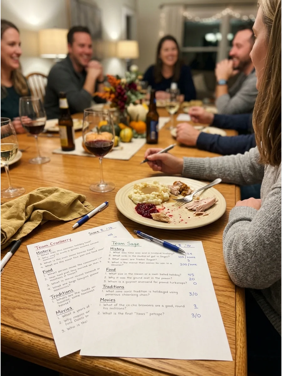 Thanksgiving Trivia. Prepare questions about Thanksgiving history, food, traditions, movies, and fall facts. Divide guests into teams and award one point for every correct answer.