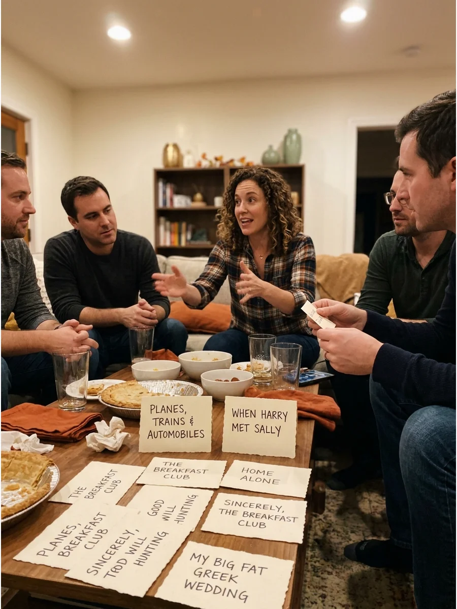 Friendsgiving Movie Charades. Use movie titles instead of ordinary charades prompts. Include comedies, nostalgic favorites, fall films, and movies about friendship. Friendsgiving G