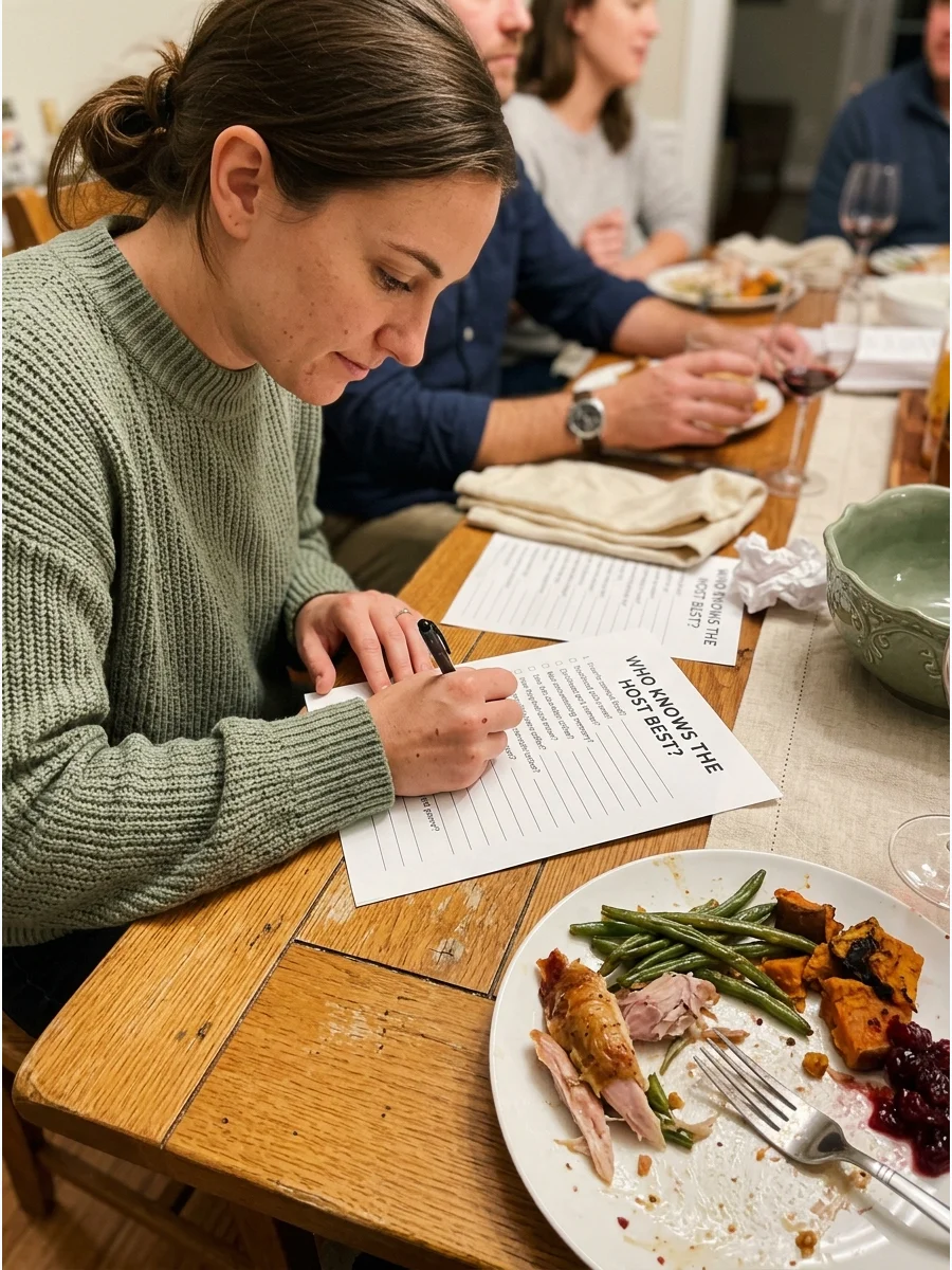Who Knows the Host Best?. Prepare questions about the host’s favorite foods, habits, memories, and personality. The guest with the greatest number of correct answers wins. Friendsg