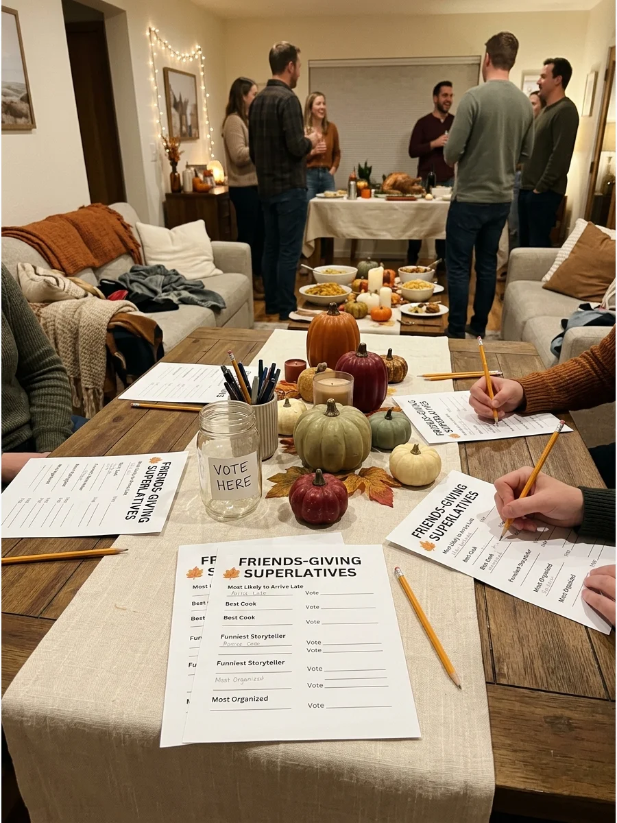 Friend Group Superlatives. Create categories such as Most Likely to Arrive Late, Best Cook, Funniest Storyteller, and Most Organized. Guests secretly vote before the winners are an