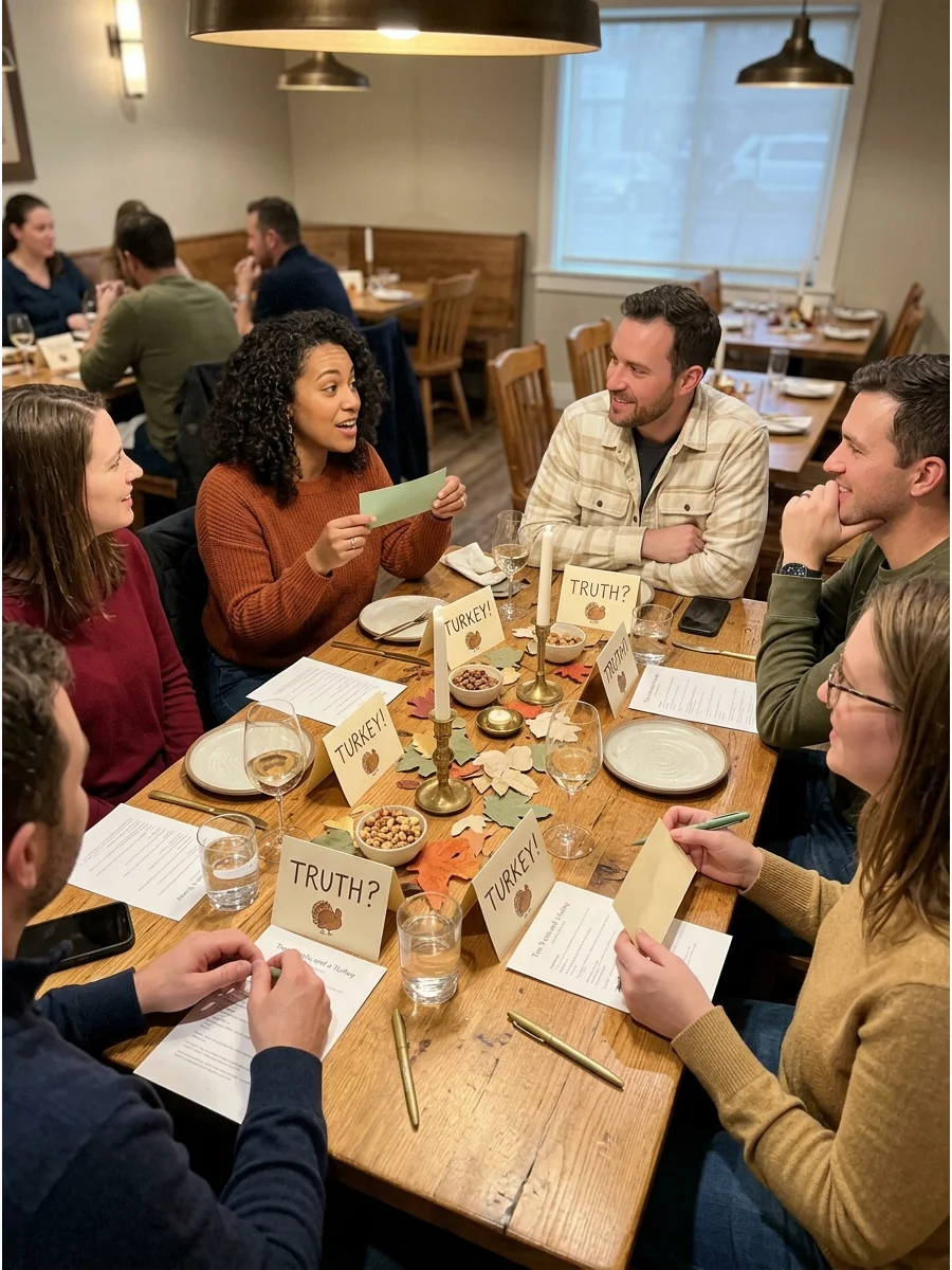 Two Truths and a Turkey. Each guest shares two true statements and one made-up statement about a past Thanksgiving or holiday experience. Everyone else tries to identify the fictio