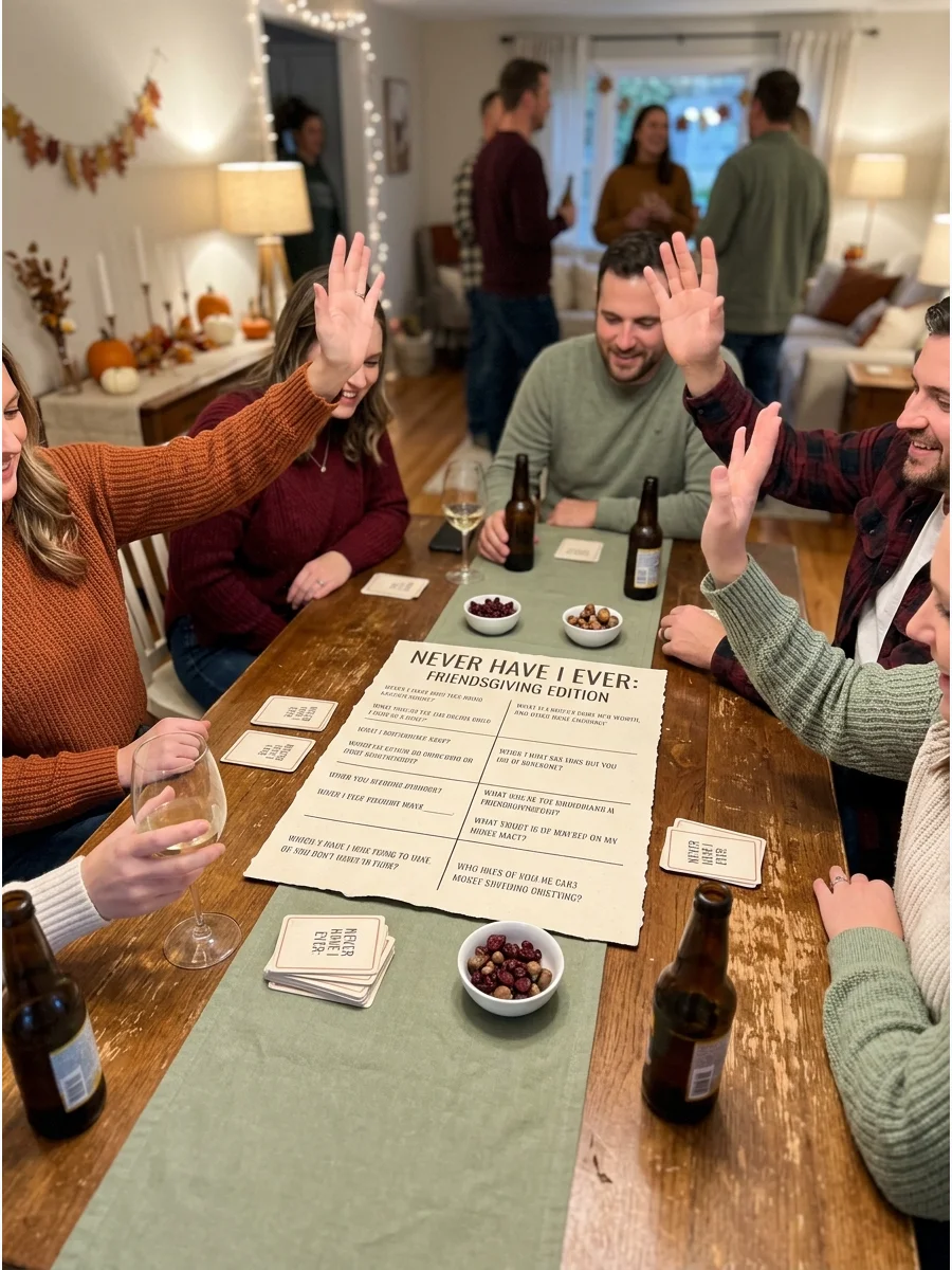 Never Have I Ever: Friendsgiving Edition. Read lighthearted statements about cooking mistakes, holiday travel, fall activities, and friendship experiences. Guests raise a hand or k