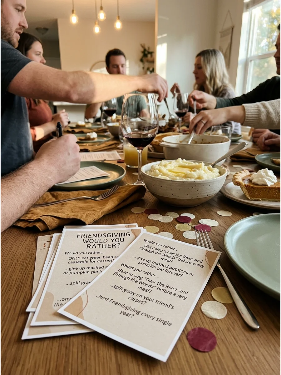 Friendsgiving Would You Rather?. Ask seasonal questions such as whether guests would rather give up pie or mashed potatoes. Mix food choices with funny friendship and holiday situa