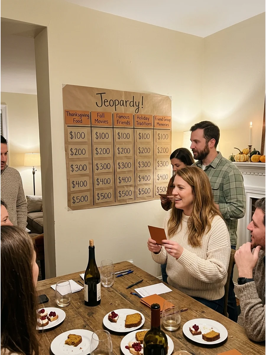 Friendsgiving Jeopardy. Create categories such as Thanksgiving Food, Fall Movies, Famous Friends, Holiday Traditions, and Friend Group Memories. Guests can compete individually or