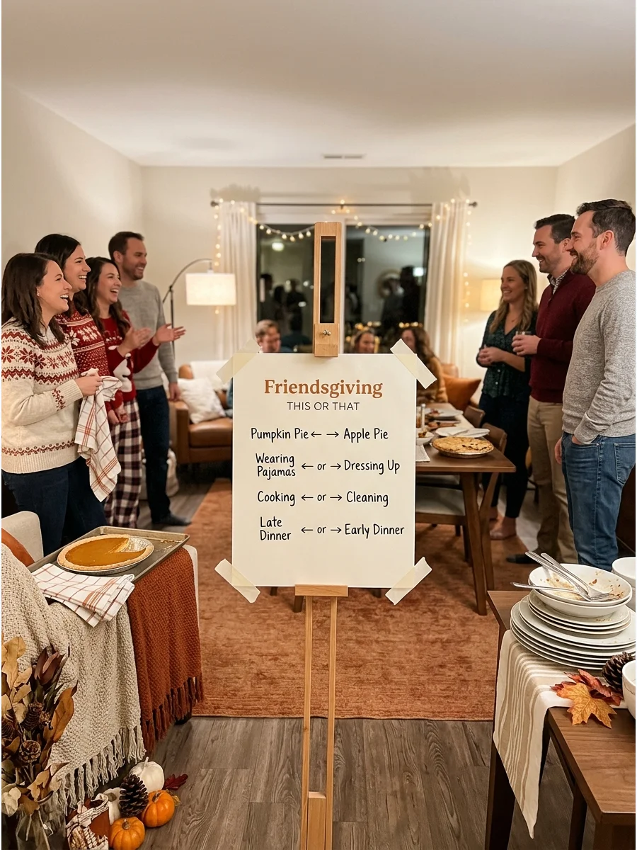 Friendsgiving This or That. Prepare quick choices such as pumpkin pie or apple pie, dressing up or wearing pajamas, cooking or cleaning, and early dinner or late dinner. Guests can