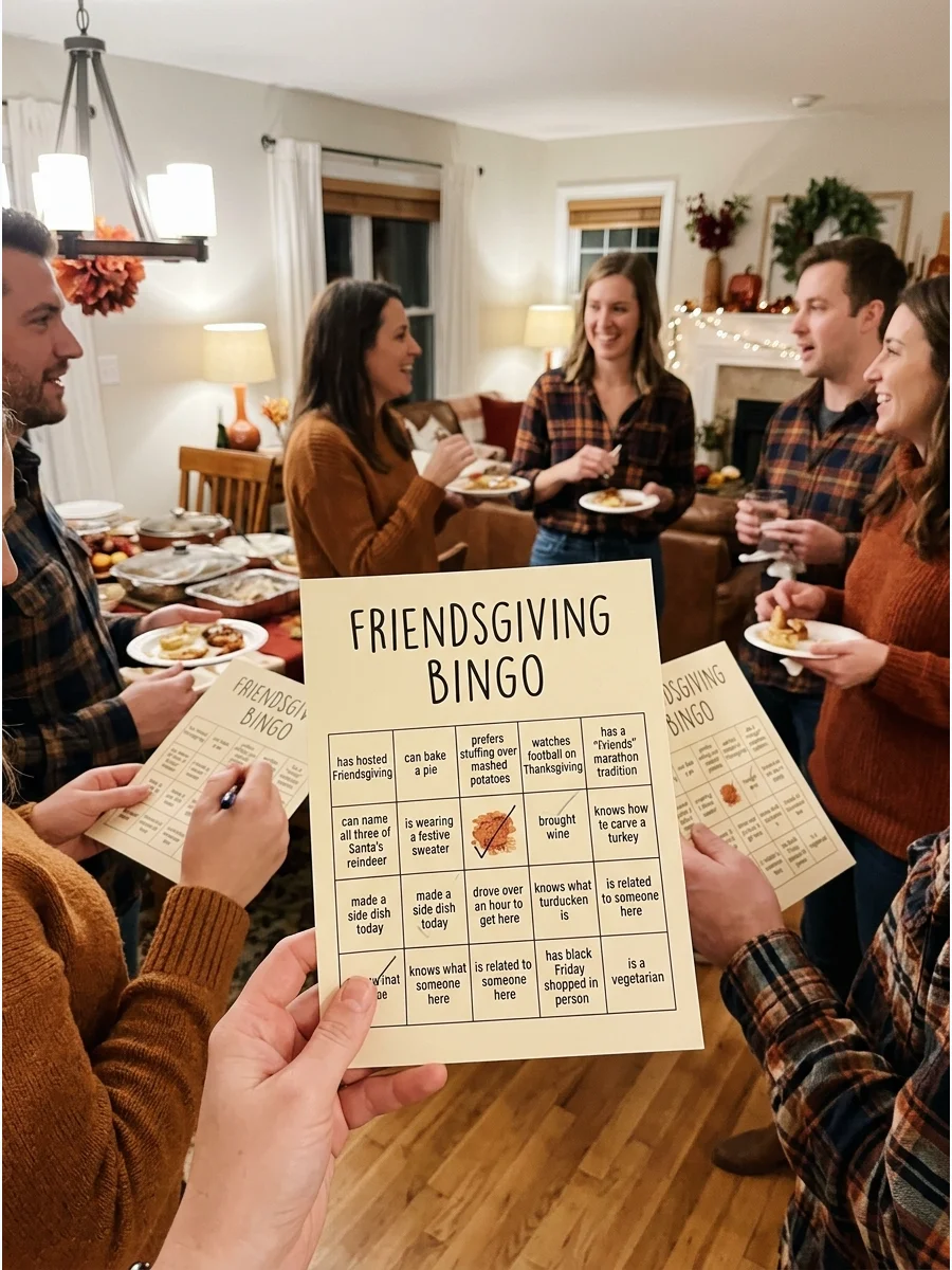 Human Friendsgiving Bingo. Create cards containing descriptions such as “has hosted Friendsgiving,” “can bake a pie,” or “prefers stuffing over mashed potatoes.” Guests mingle to f