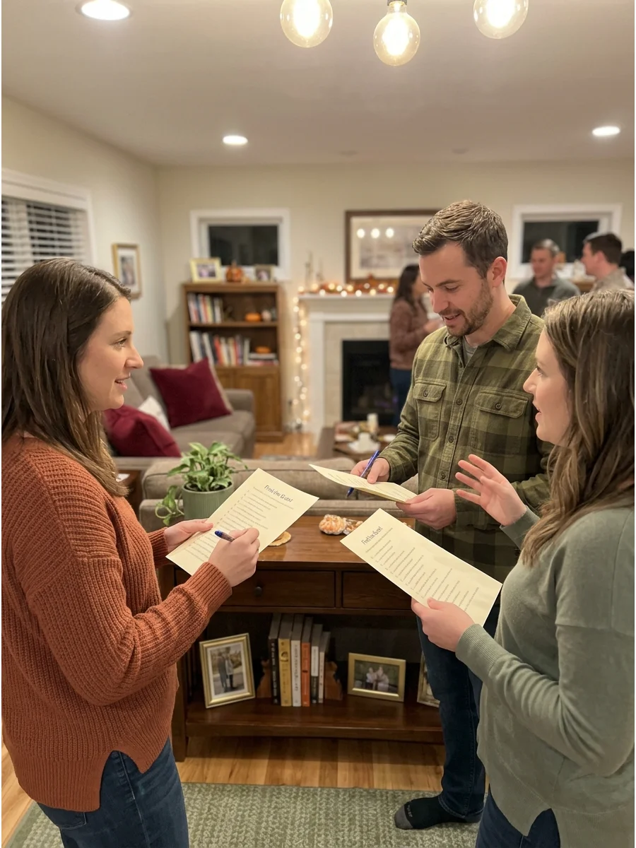 Find the Guest. Give everyone a list of interesting facts collected from the guests before the party. Players must speak to one another and match each fact to the correct person. F