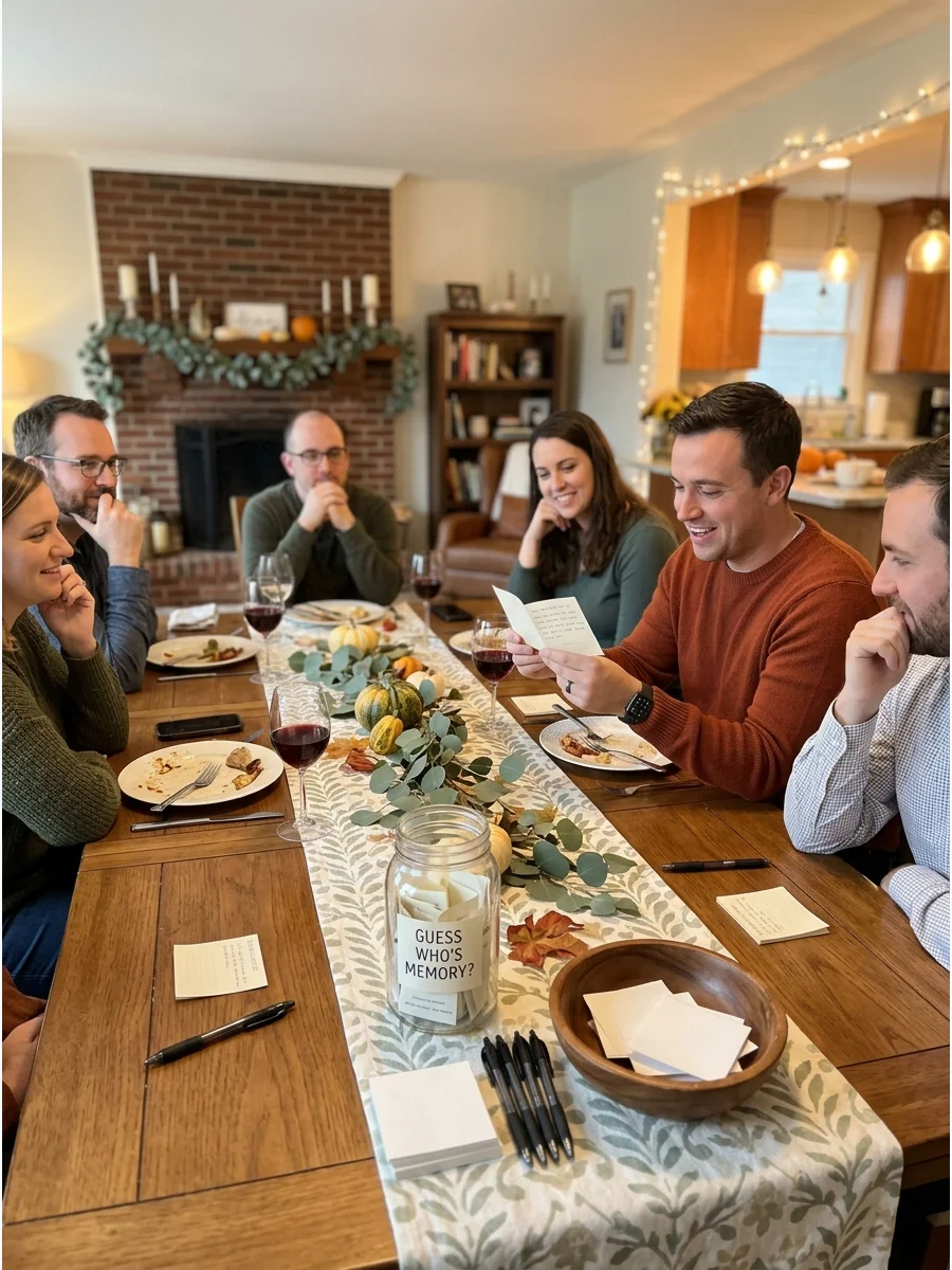 Guess Who Wrote It. Ask guests to anonymously answer funny questions or share short memories. Read each response aloud while everyone guesses who wrote it. Friendsgiving Games for