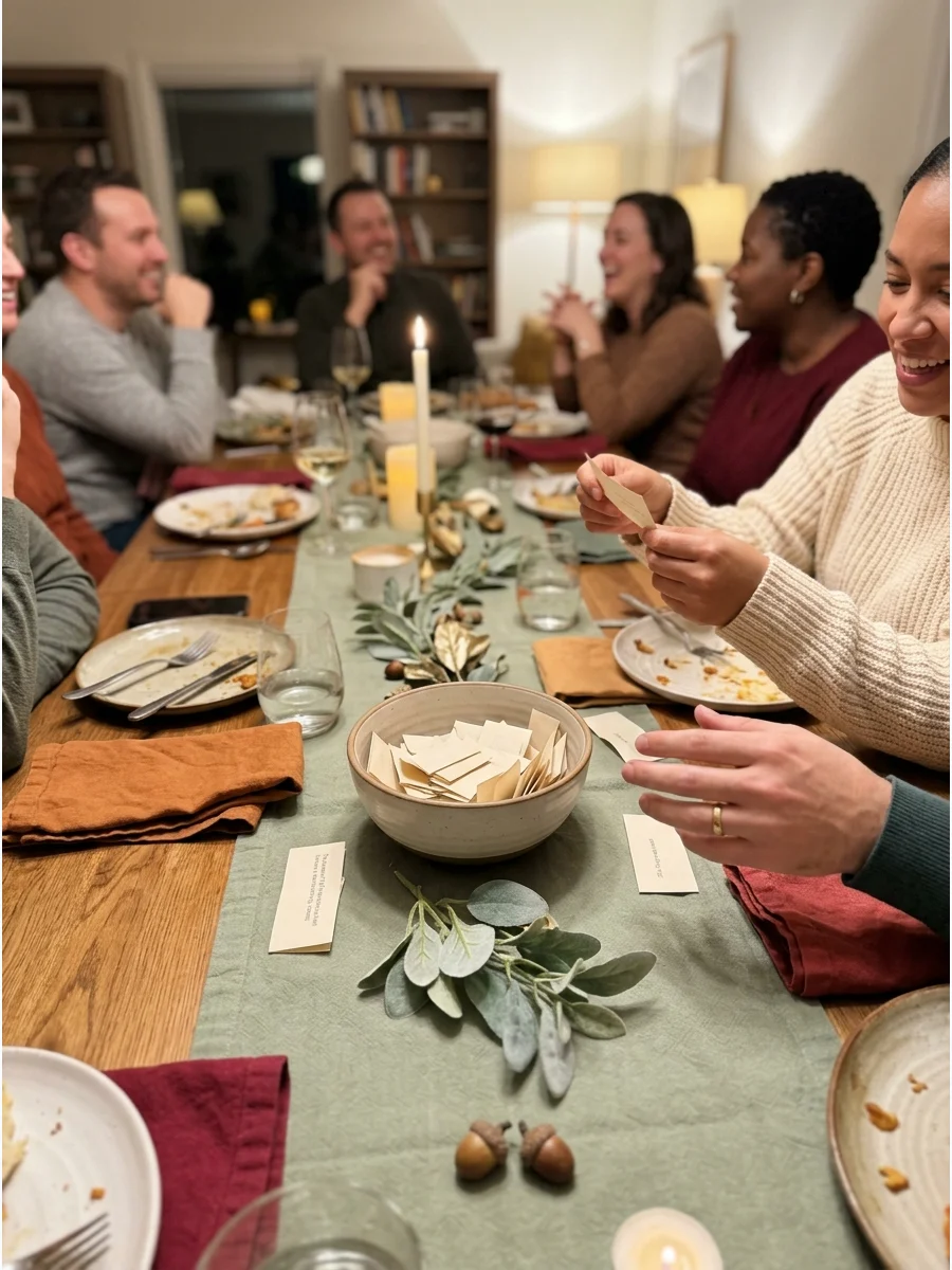 The Gratitude Guessing Game. Each guest anonymously writes something they are grateful for. Place the responses in a bowl and read them aloud while everyone guesses who wrote each