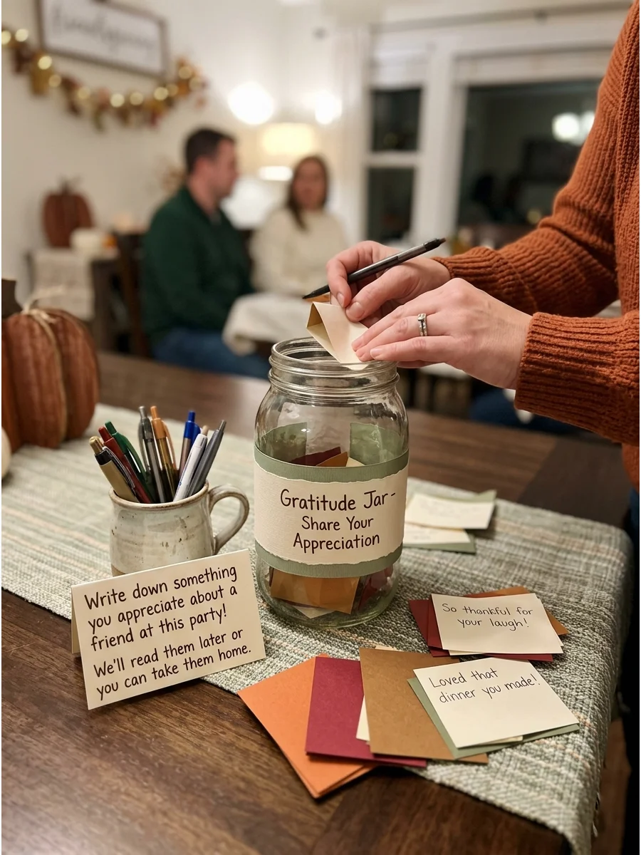 Friendsgiving Gratitude Jar. Provide slips of paper for guests to write appreciative messages about their friends. Read the messages during dessert or let each guest take their not