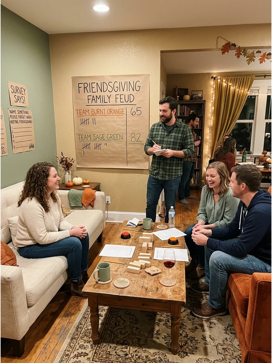 Friendsgiving Family Feud. Write survey-style questions such as “Name a popular Thanksgiving side dish” or “Name something people forget when hosting Friendsgiving.” Teams earn poi